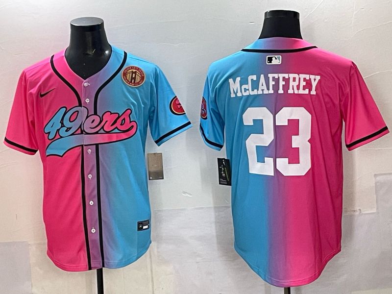 Men 2025 San Francisco 49ers 23 Mccaffrey Blue pink Nike Limited NFL Jersey style 011